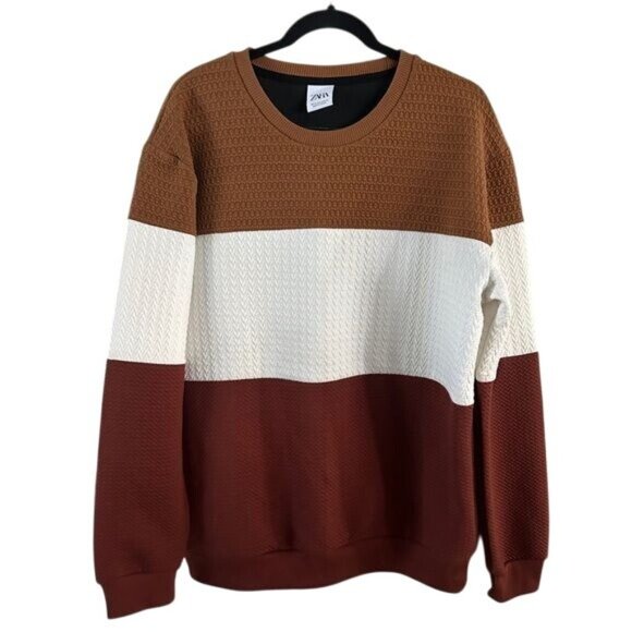 Zara Quilted Color Block Sweater Rust Tan Cream Sz XL - Picture 1 of 16